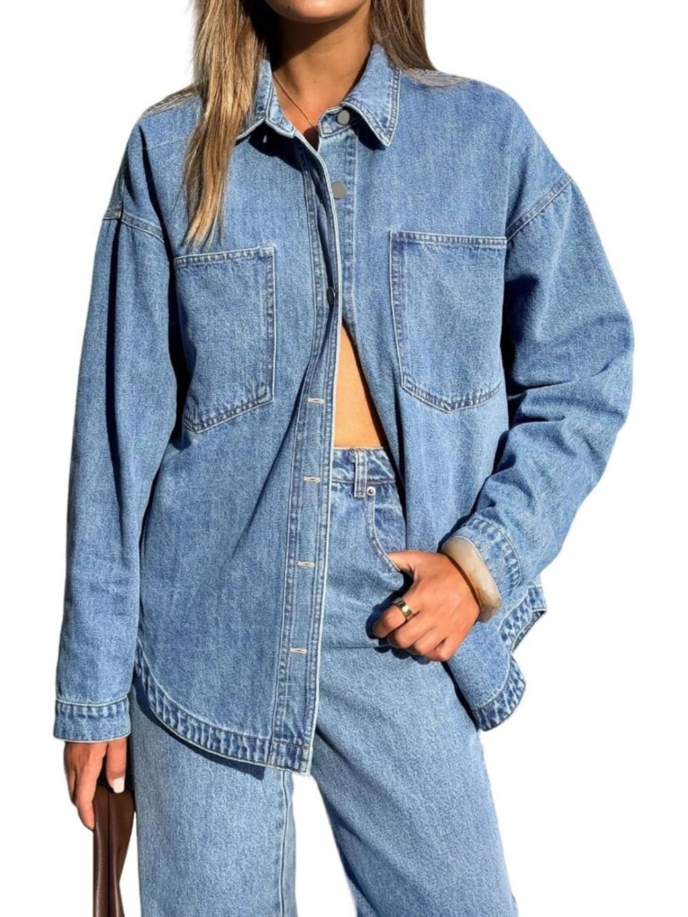 Oversized Denim Shirt for Women | Long Sleeve Button Down Blouse & Distressed